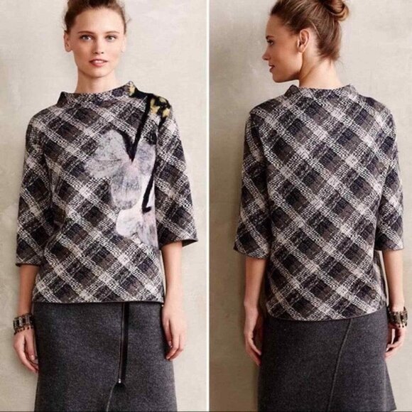 Anthropologie Troubadour Sweater Med Wool Plaid Over Shoulder Petal Flower Art - Picture 4 of 11